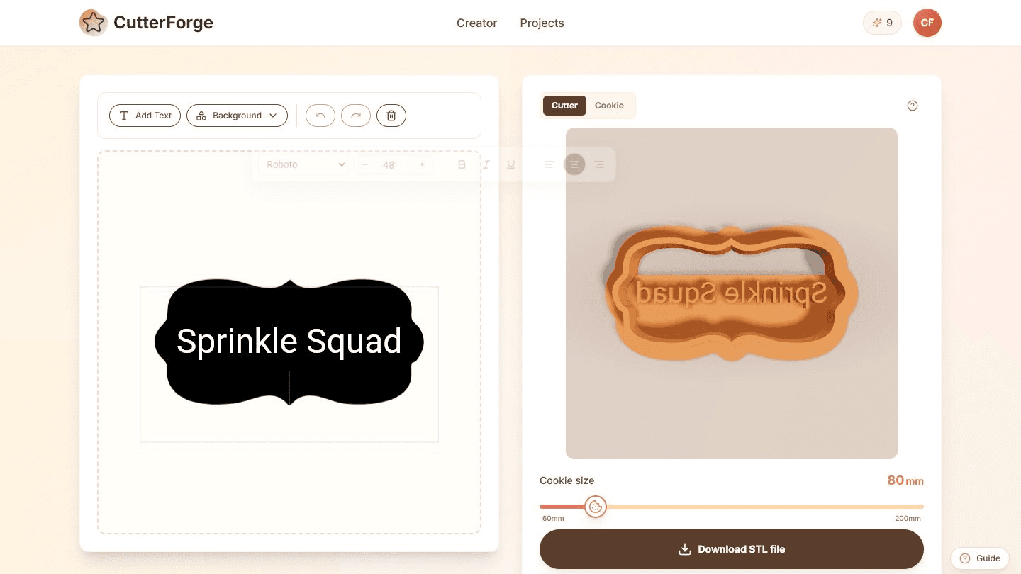 Online cookie cutter maker dashboard with creation workflows and STL export