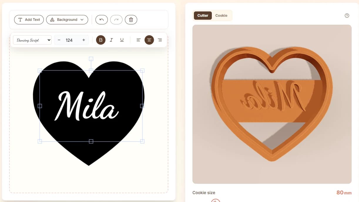 Cookie cutter design tool showing editable text canvas, cutter preview, size control, and STL download